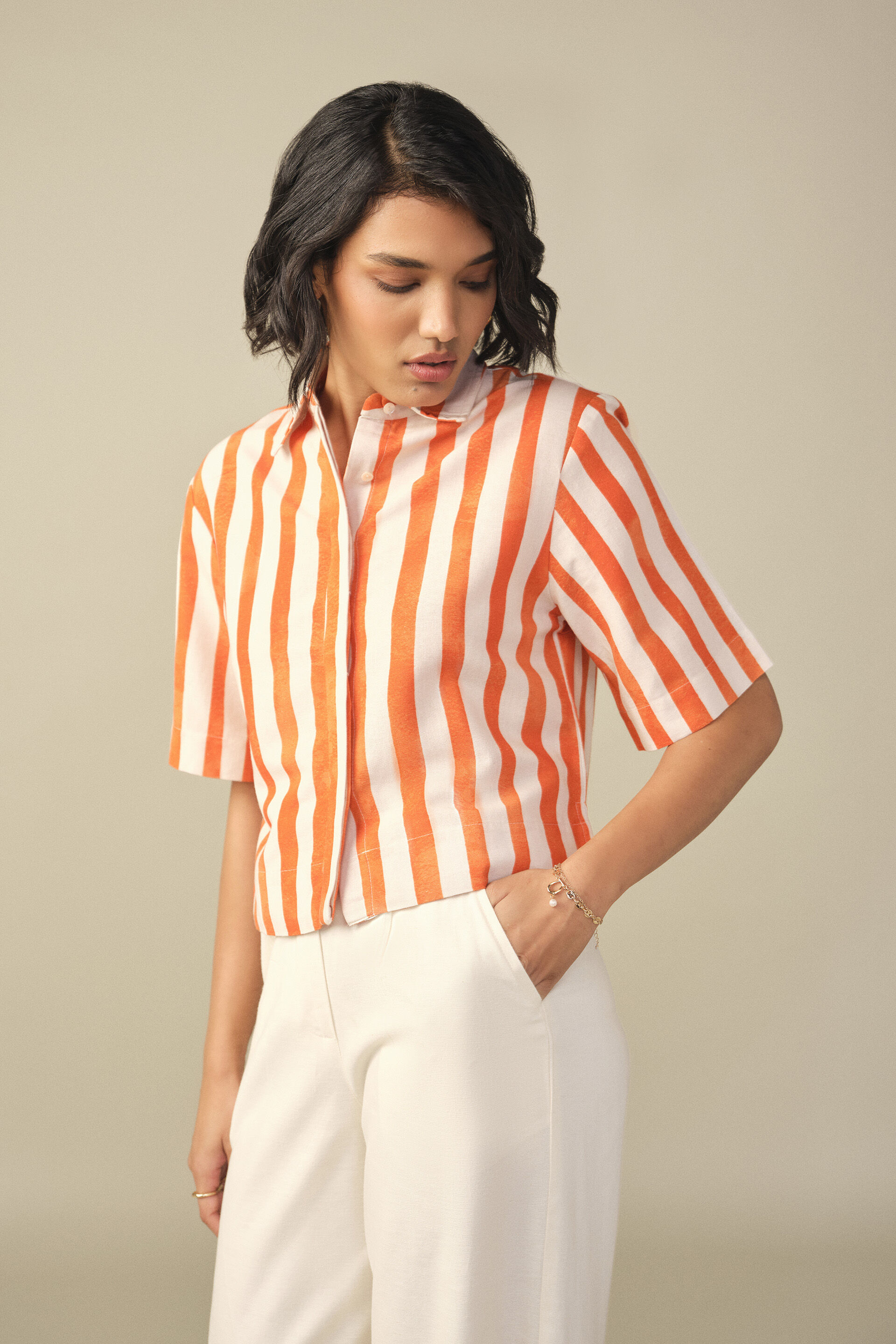 Striped Crop Shirt in Orange, Orange, image 3